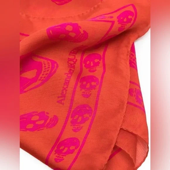 Authentic NEW Alexander McQueen Skull Motif Silk Scarf Bright Orange & Pink - Picture 5 of 9
